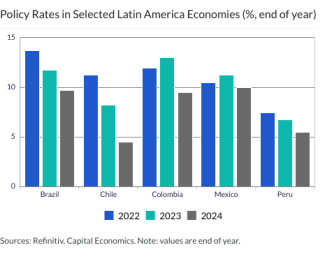 Policy Rates in Selected Latin America Economies (%, end of year)