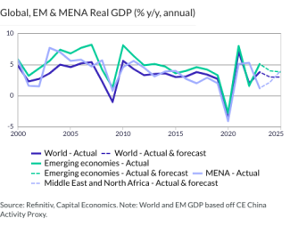 Global, EM & MENA Real GDP (% y/y, annual)