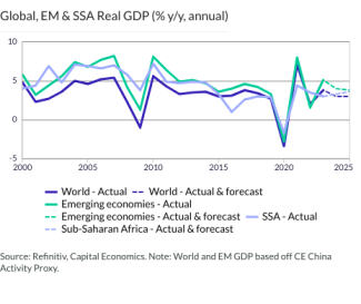 Global, EM & SSA Real GDP (% y/y, annual)