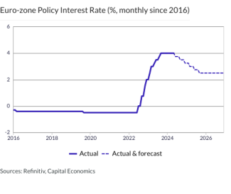 Euro-zone Policy Interest Rate (%, monthly since 2016)