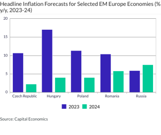 Headline Inflation Forecasts for Selected EM Europe Economies (% y/y, 2023-24)