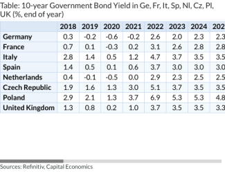 Table: 10-year Government Bond Yield in Ge, Fr, It, Sp, Nl, Cz, Pl, UK (%, end of year)