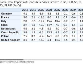 Table: Real Imports of Goods & Services Growth in Ge, Fr, It, Sp, Nl, Cz, Pl, UK (% y/y)